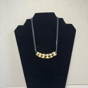 Monet VTG Black And Cream Enamel Choker Bib Necklace Gunmetal Chain Signed